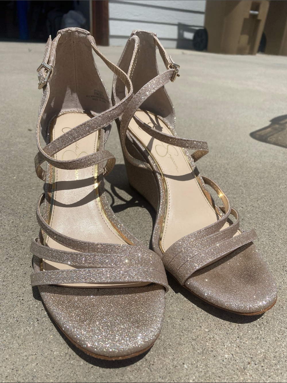 Jessica Simpson Rose Gold Glitter Strappy Wedge Sandals